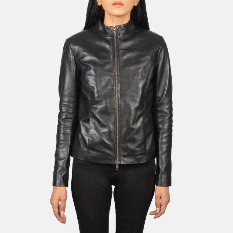 Womens Rumella Black Leather Biker Jacket Close Front-5-1652188513211